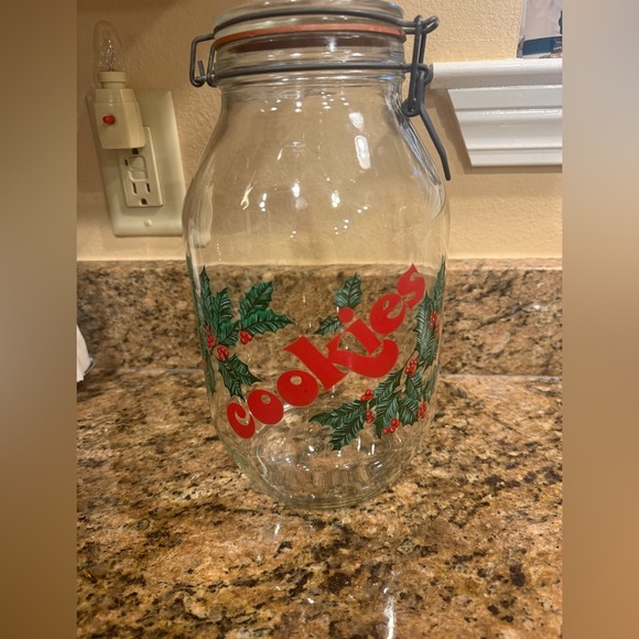 Vintage Holiday Glass Cookie Jar with Red and Green Design with Mason jar lid - Picture 1 of 10